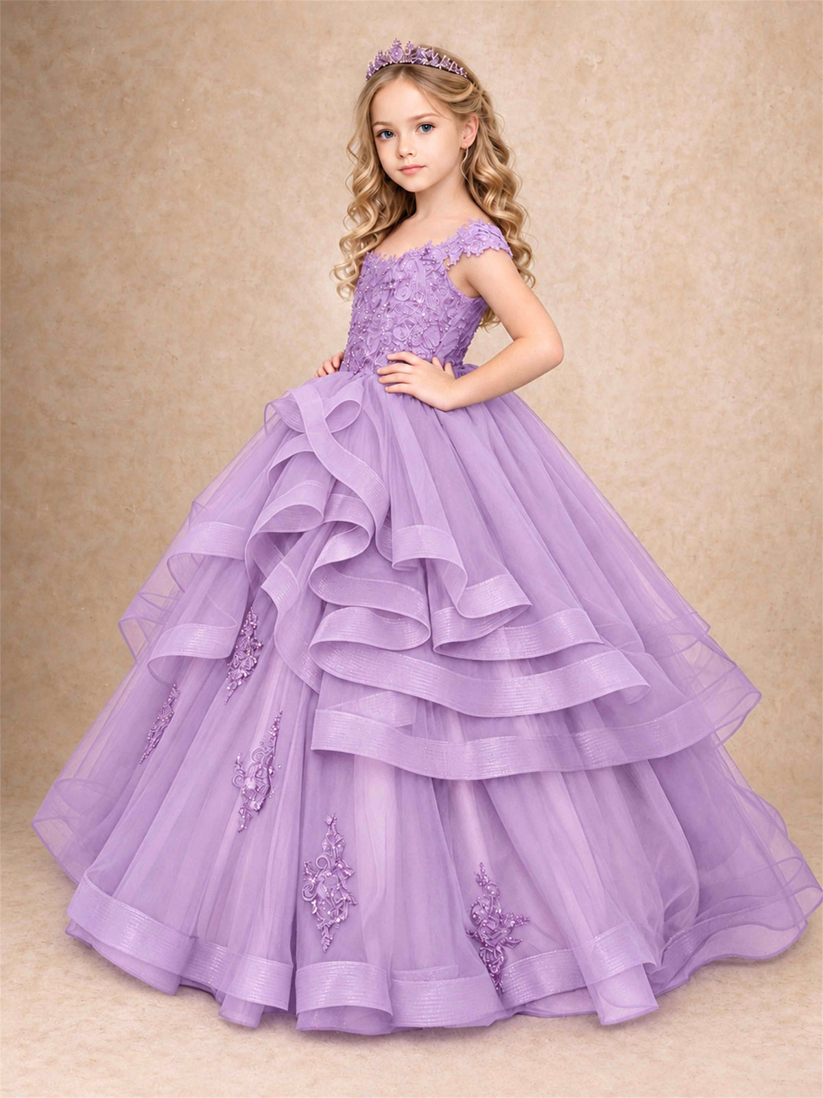 Off Shoulder Sequin Lace Ruffled Tulle Girls Pageant Dresses Formal Wedding Princess Gown