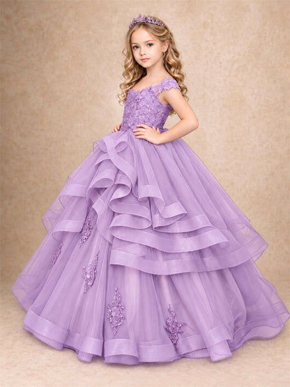 Off Shoulder Sequin Lace Ruffled Tulle Girls Pageant Dresses Formal Wedding Princess Gown
