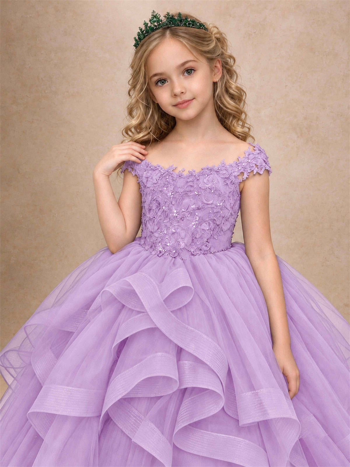 Off Shoulder Sequin Lace Ruffled Tulle Girls Pageant Dresses Formal Wedding Princess Gown