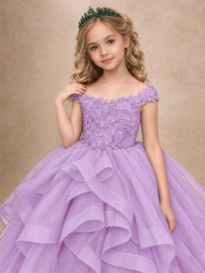 Off Shoulder Sequin Lace Ruffled Tulle Girls Pageant Dresses Formal Wedding Princess Gown