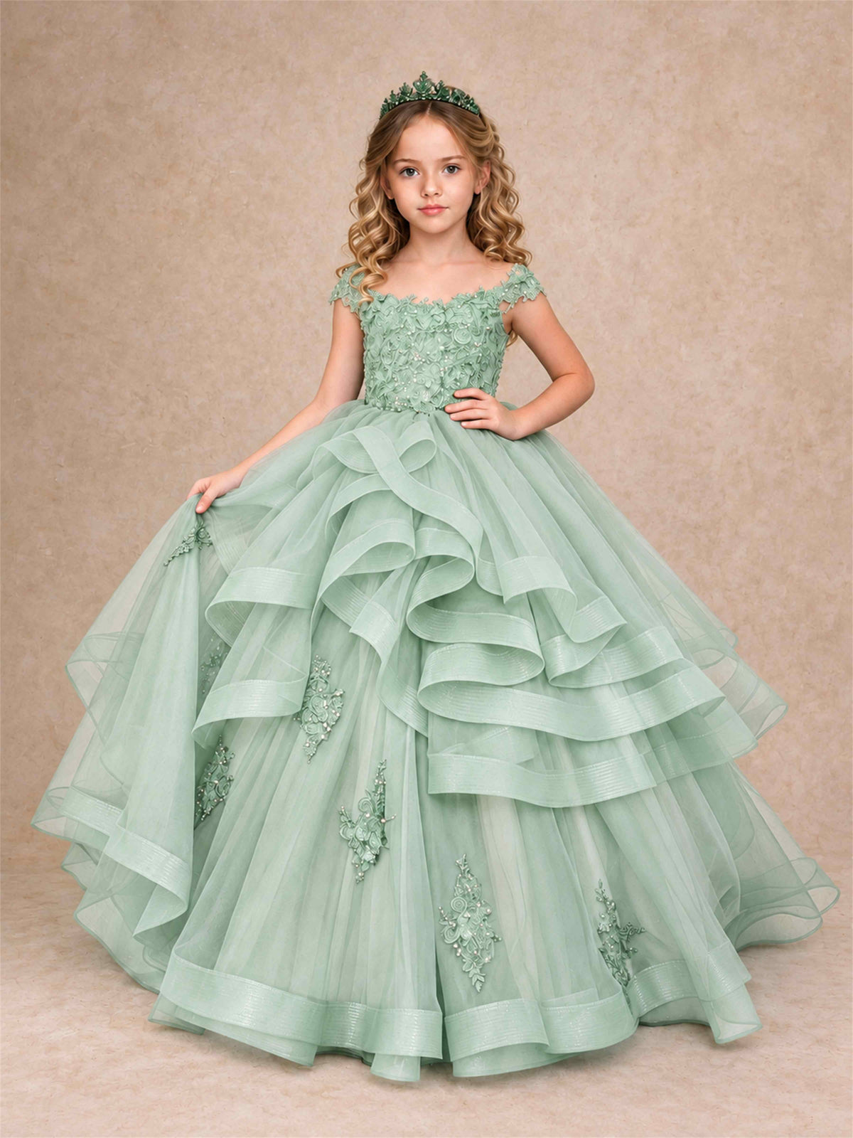 Off Shoulder Sequin Lace Ruffled Tulle Girls Pageant Dresses Formal Wedding Princess Gown