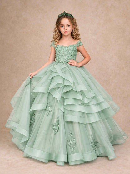 Off Shoulder Sequin Lace Ruffled Tulle Girls Pageant Dresses Formal Wedding Princess Gown