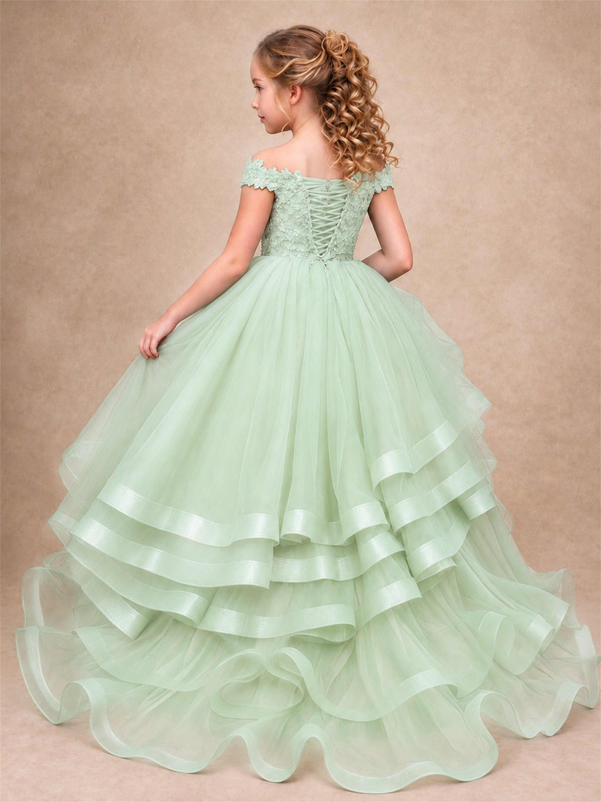 Off Shoulder Sequin Lace Ruffled Tulle Girls Pageant Dresses Formal Wedding Princess Gown