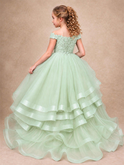 Off Shoulder Sequin Lace Ruffled Tulle Girls Pageant Dresses Formal Wedding Princess Gown