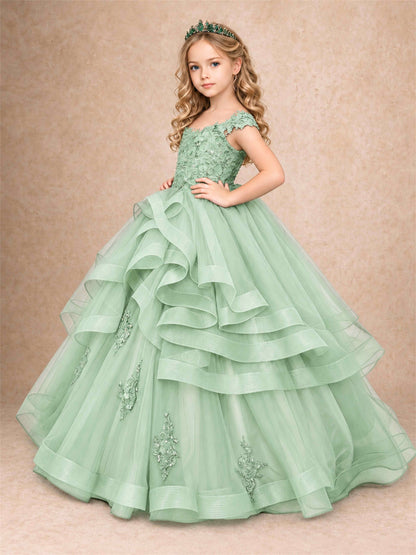 Off Shoulder Sequin Lace Ruffled Tulle Girls Pageant Dresses Formal Wedding Princess Gown