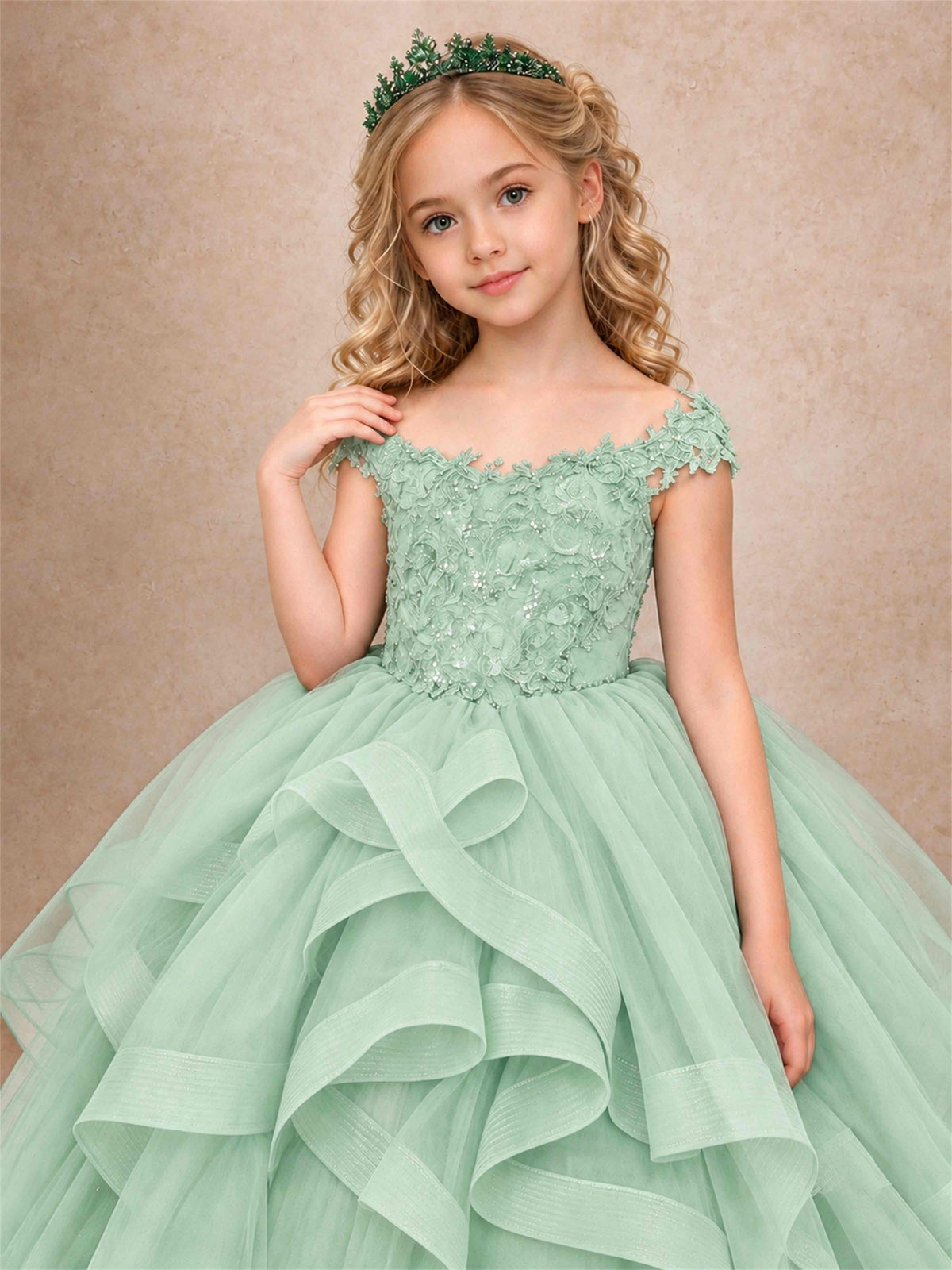 Off Shoulder Sequin Lace Ruffled Tulle Girls Pageant Dresses Formal Wedding Princess Gown
