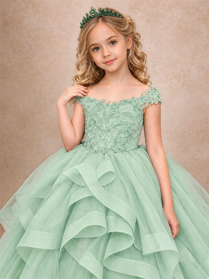 Off Shoulder Sequin Lace Ruffled Tulle Girls Pageant Dresses Formal Wedding Princess Gown