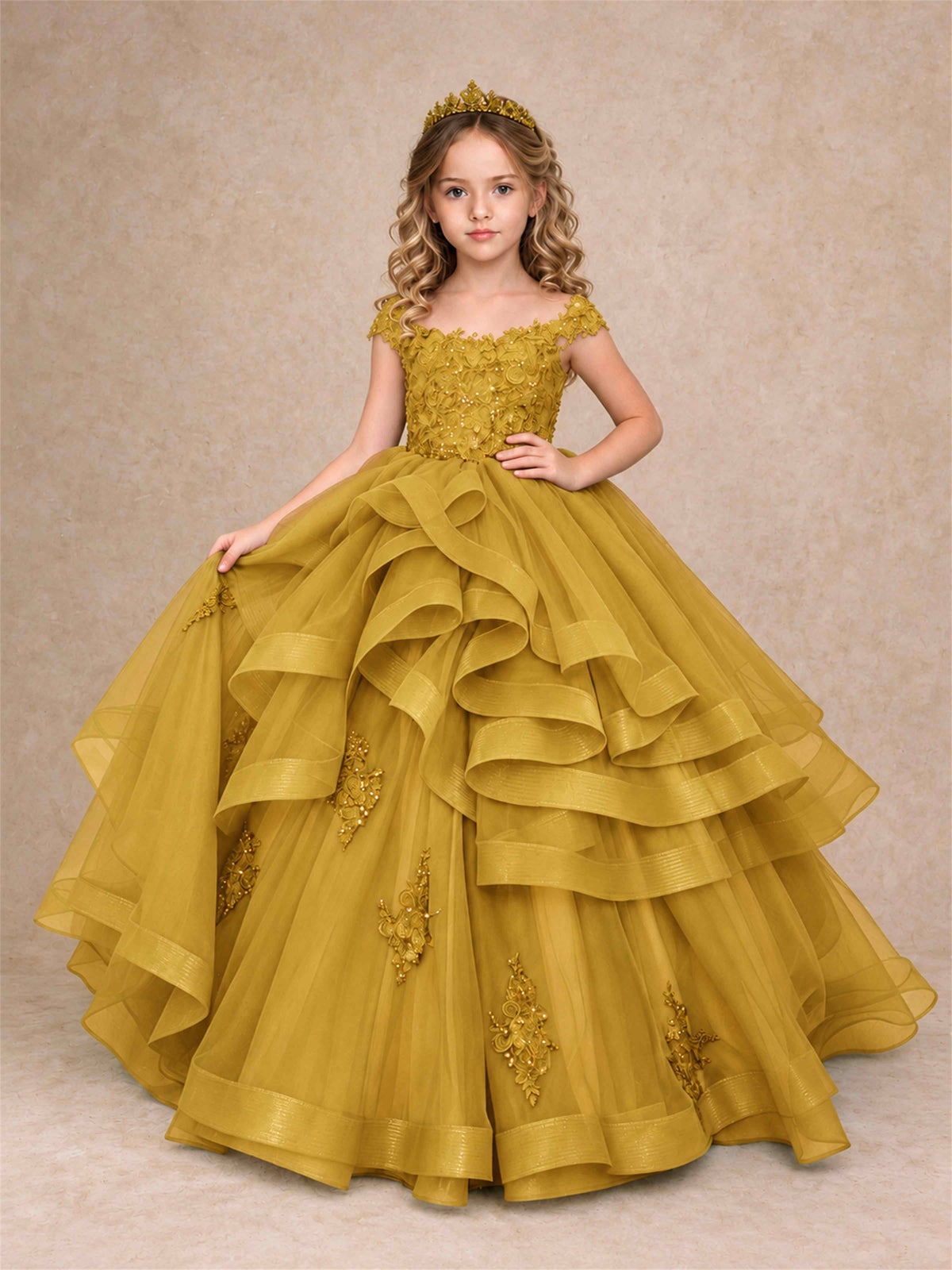 Off Shoulder Sequin Lace Ruffled Tulle Girls Pageant Dresses Formal Wedding Princess Gown