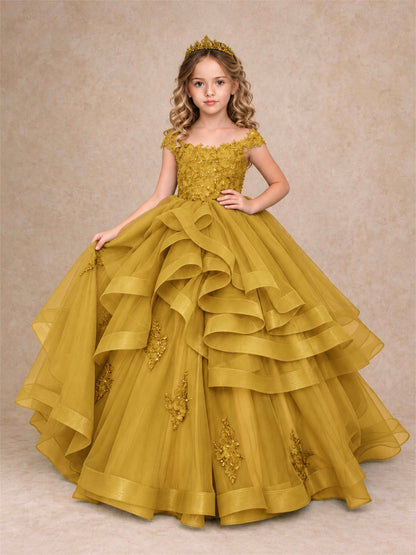 Off Shoulder Sequin Lace Ruffled Tulle Girls Pageant Dresses Formal Wedding Princess Gown