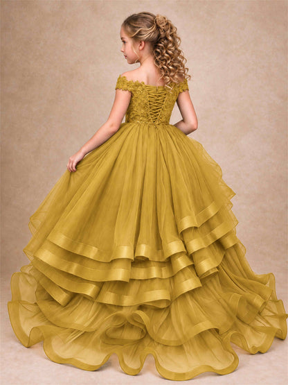 Off Shoulder Sequin Lace Ruffled Tulle Girls Pageant Dresses Formal Wedding Princess Gown