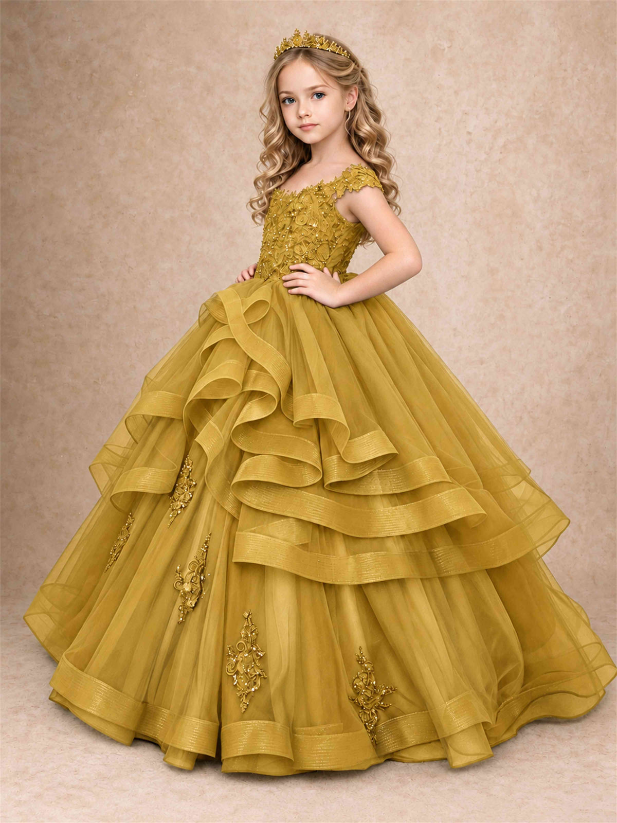 Off Shoulder Sequin Lace Ruffled Tulle Girls Pageant Dresses Formal Wedding Princess Gown
