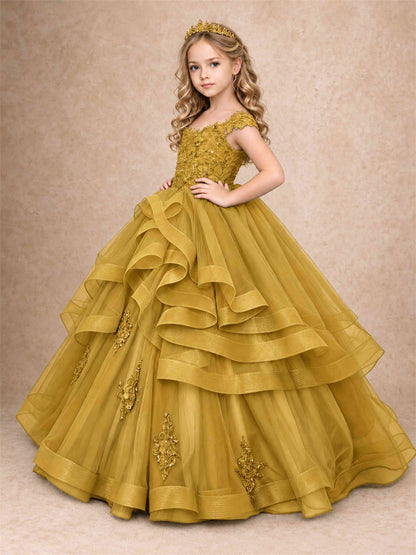 Off Shoulder Sequin Lace Ruffled Tulle Girls Pageant Dresses Formal Wedding Princess Gown