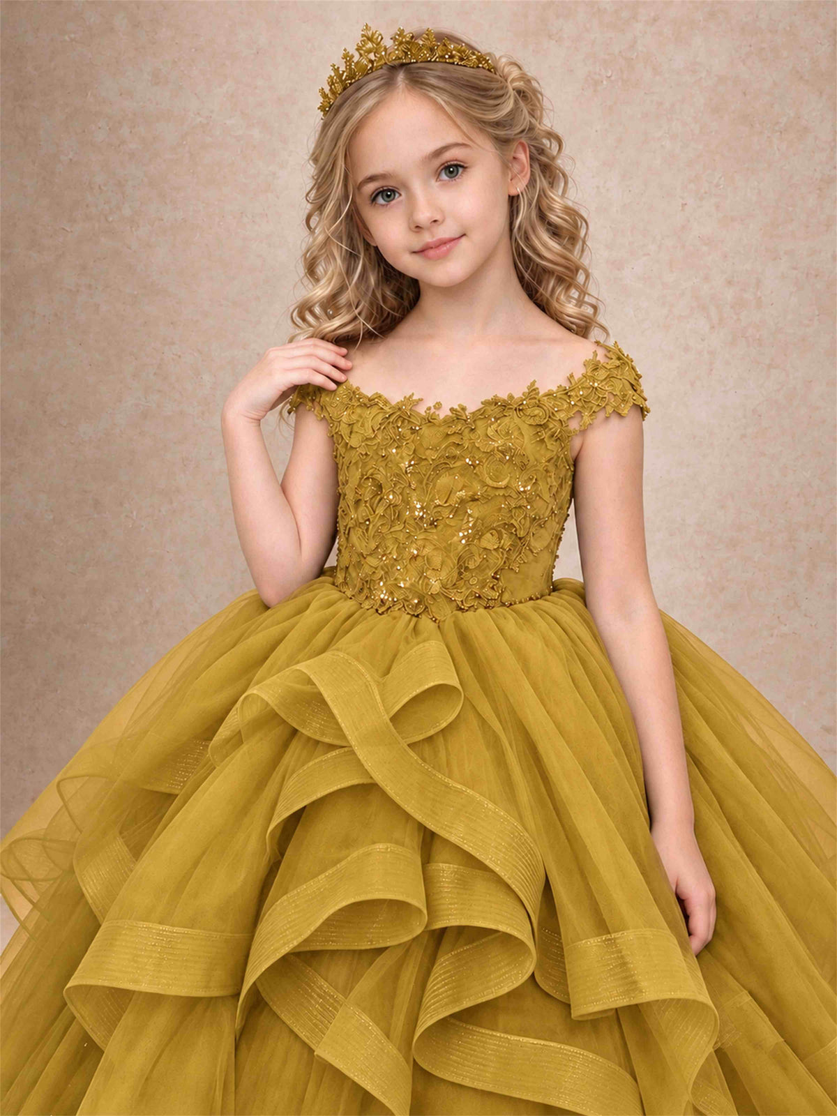 Off Shoulder Sequin Lace Ruffled Tulle Girls Pageant Dresses Formal Wedding Princess Gown
