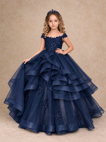 Off Shoulder Sequin Lace Ruffled Tulle Girls Pageant Dresses Formal Wedding Princess Gown