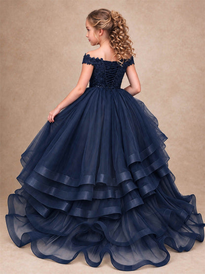 Off Shoulder Sequin Lace Ruffled Tulle Girls Pageant Dresses Formal Wedding Princess Gown