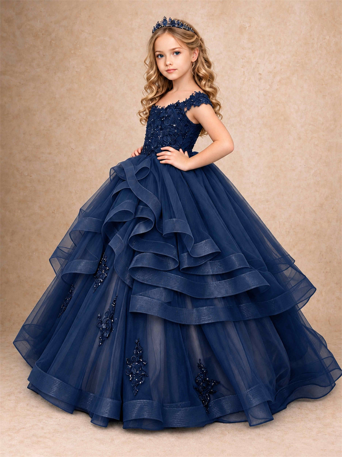 Off Shoulder Sequin Lace Ruffled Tulle Girls Pageant Dresses Formal Wedding Princess Gown
