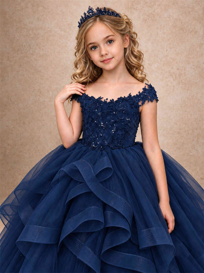 Off Shoulder Sequin Lace Ruffled Tulle Girls Pageant Dresses Formal Wedding Princess Gown