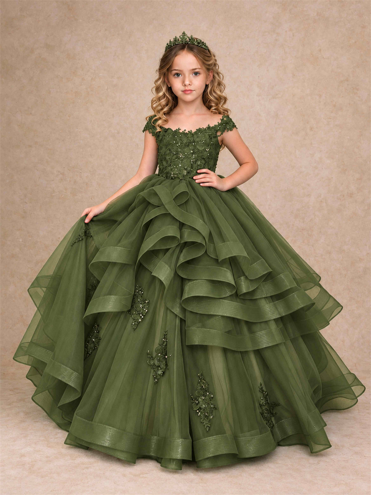 Off Shoulder Sequin Lace Ruffled Tulle Girls Pageant Dresses Formal Wedding Princess Gown