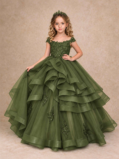Off Shoulder Sequin Lace Ruffled Tulle Girls Pageant Dresses Formal Wedding Princess Gown