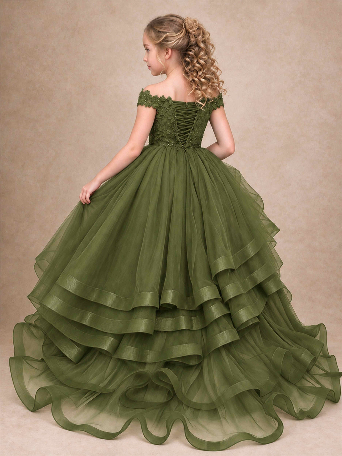 Off Shoulder Sequin Lace Ruffled Tulle Girls Pageant Dresses Formal Wedding Princess Gown