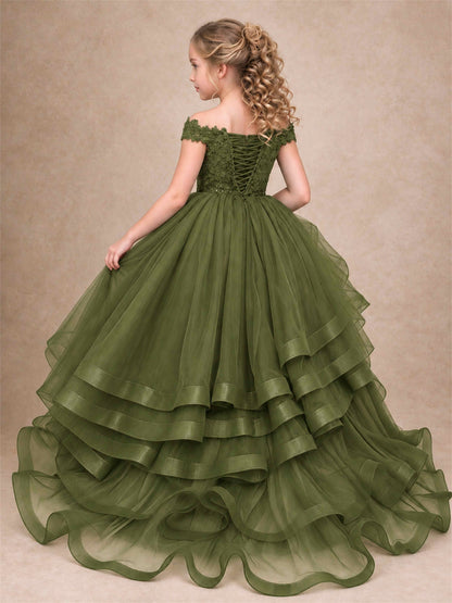 Off Shoulder Sequin Lace Ruffled Tulle Girls Pageant Dresses Formal Wedding Princess Gown