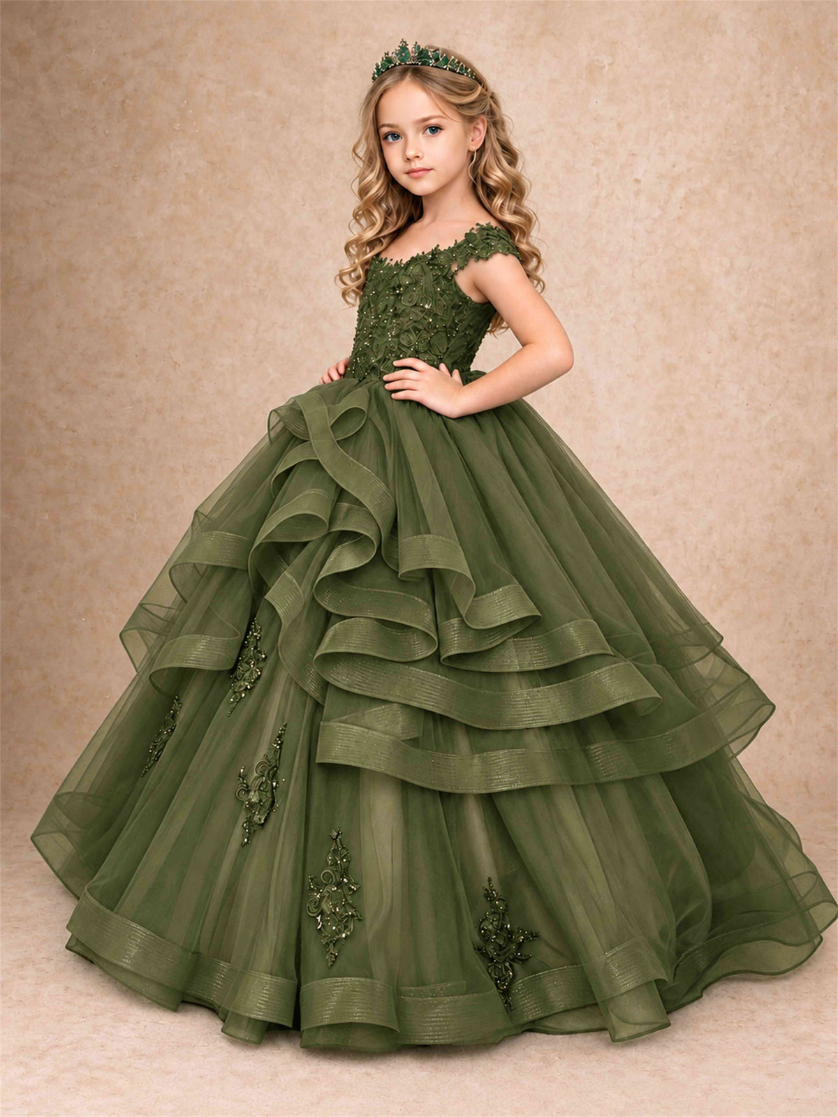 Off Shoulder Sequin Lace Ruffled Tulle Girls Pageant Dresses Formal Wedding Princess Gown
