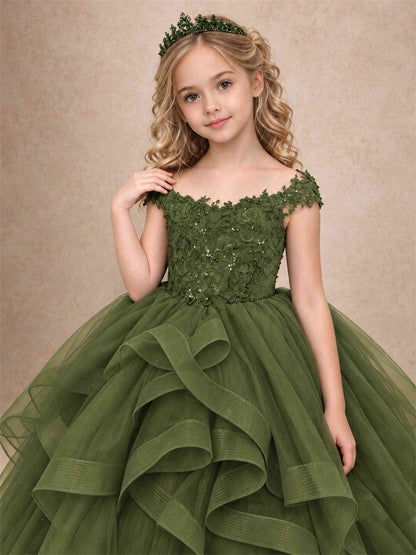 Off Shoulder Sequin Lace Ruffled Tulle Girls Pageant Dresses Formal Wedding Princess Gown