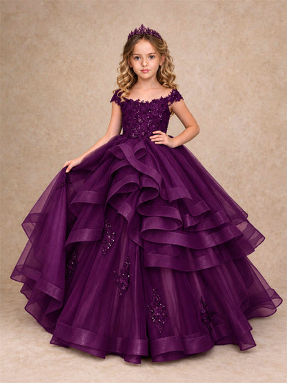Off Shoulder Sequin Lace Ruffled Tulle Girls Pageant Dresses Formal Wedding Princess Gown