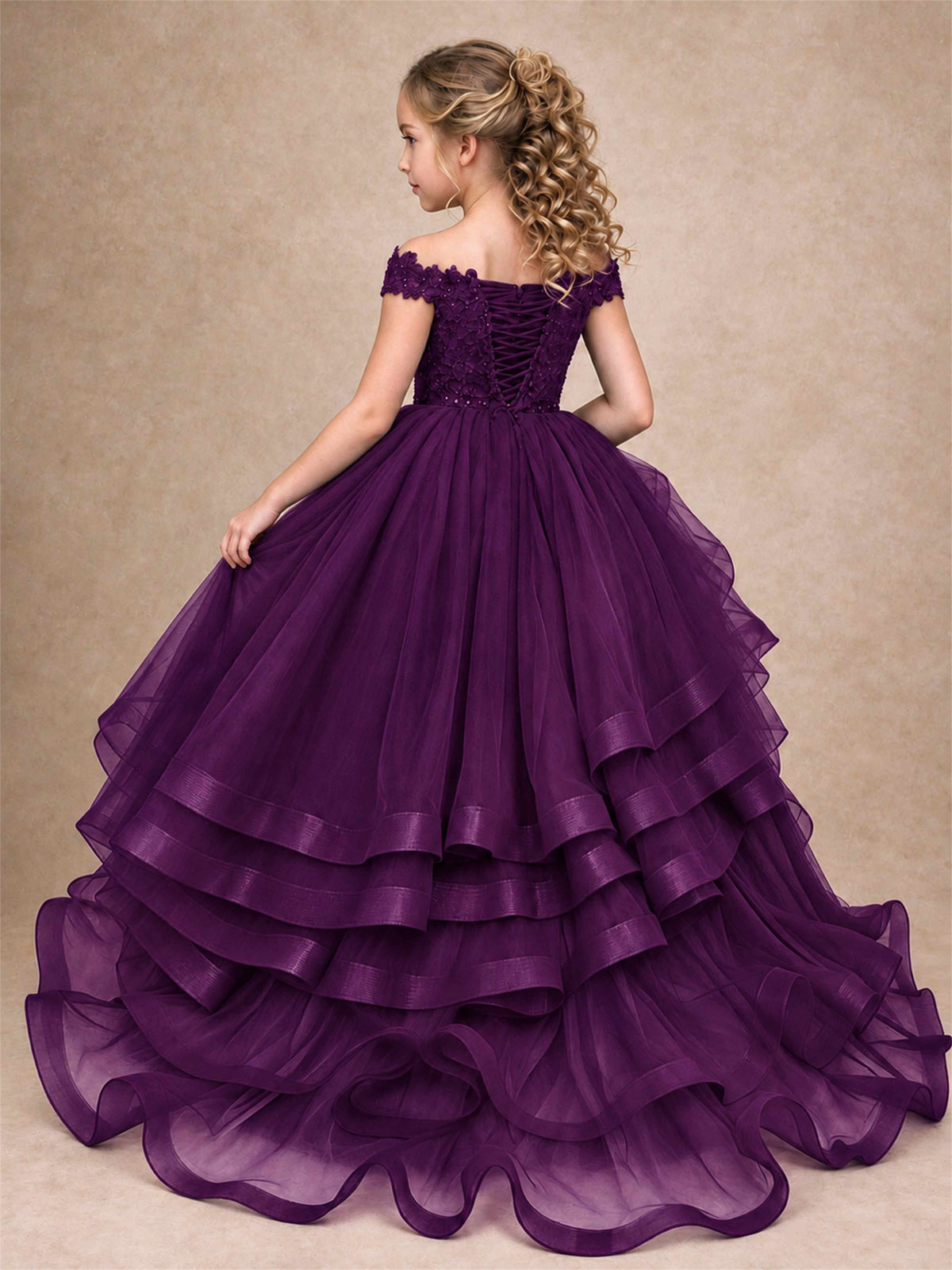 Off Shoulder Sequin Lace Ruffled Tulle Girls Pageant Dresses Formal Wedding Princess Gown