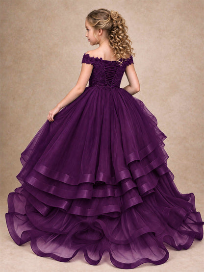 Off Shoulder Sequin Lace Ruffled Tulle Girls Pageant Dresses Formal Wedding Princess Gown