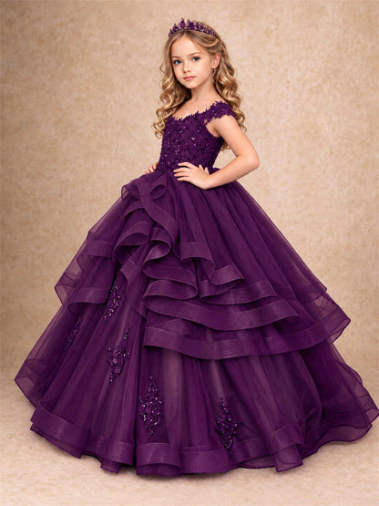 Off Shoulder Sequin Lace Ruffled Tulle Girls Pageant Dresses Formal Wedding Princess Gown