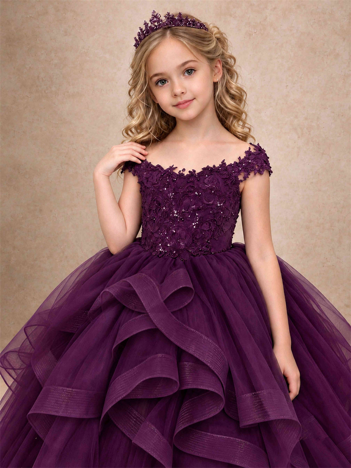 Off Shoulder Sequin Lace Ruffled Tulle Girls Pageant Dresses Formal Wedding Princess Gown