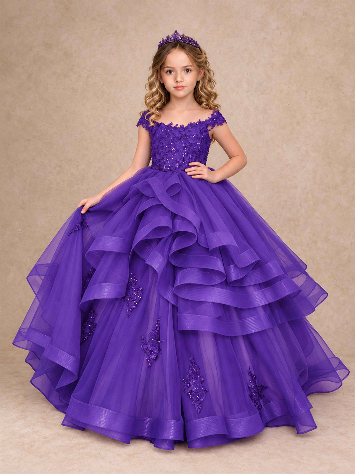 Off Shoulder Sequin Lace Ruffled Tulle Girls Pageant Dresses Formal Wedding Princess Gown
