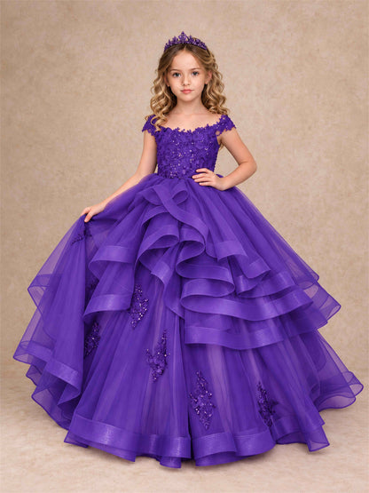 Off Shoulder Sequin Lace Ruffled Tulle Girls Pageant Dresses Formal Wedding Princess Gown