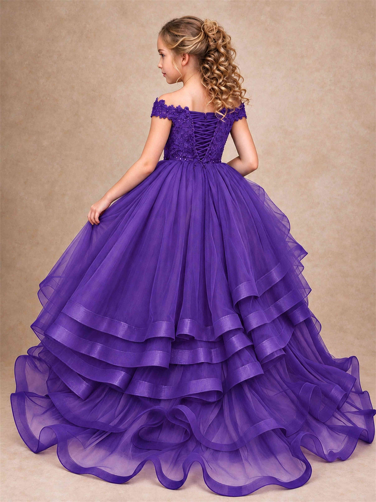 Off Shoulder Sequin Lace Ruffled Tulle Girls Pageant Dresses Formal Wedding Princess Gown