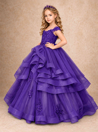 Off Shoulder Sequin Lace Ruffled Tulle Girls Pageant Dresses Formal Wedding Princess Gown