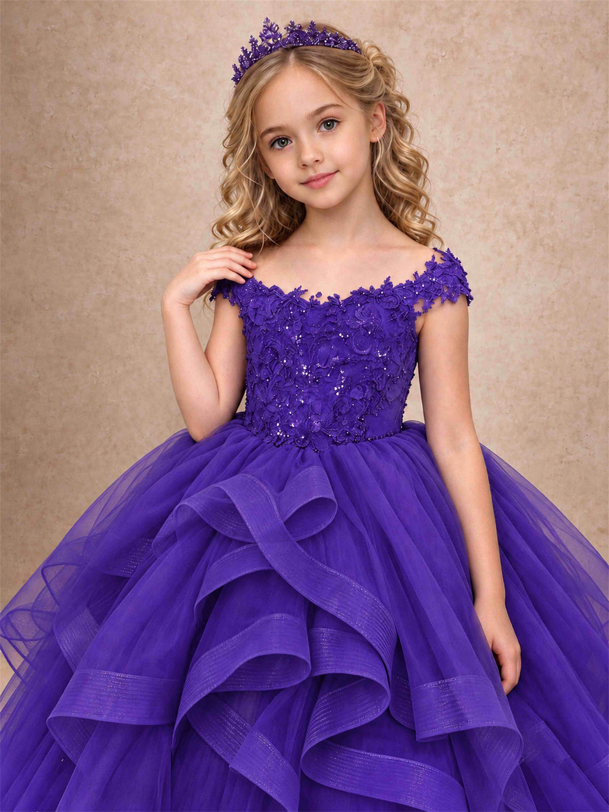 Off Shoulder Sequin Lace Ruffled Tulle Girls Pageant Dresses Formal Wedding Princess Gown
