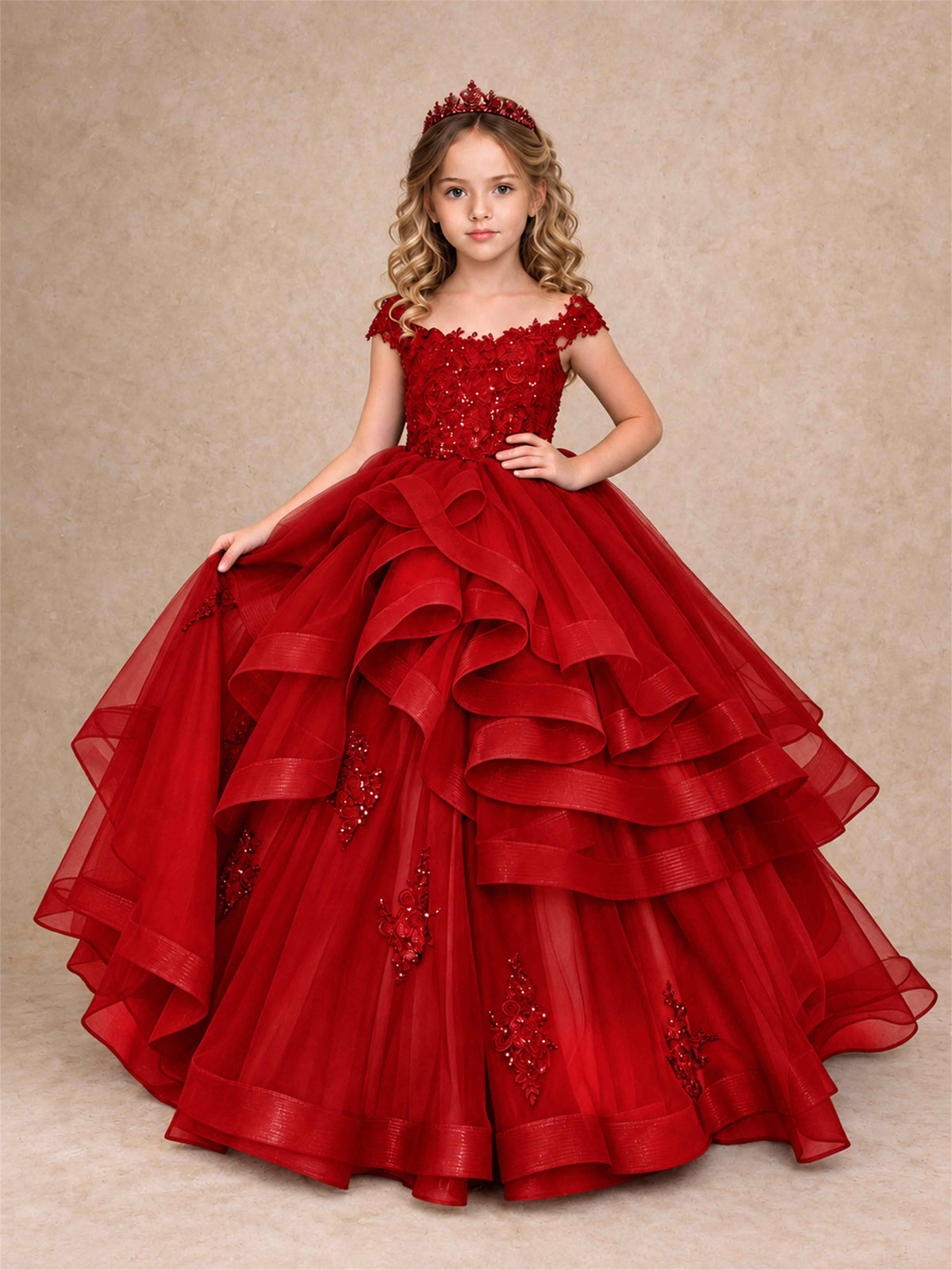 Off Shoulder Sequin Lace Ruffled Tulle Girls Pageant Dresses Formal Wedding Princess Gown
