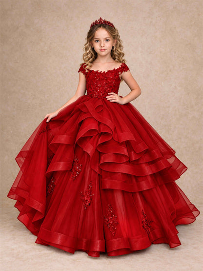 Off Shoulder Sequin Lace Ruffled Tulle Girls Pageant Dresses Formal Wedding Princess Gown