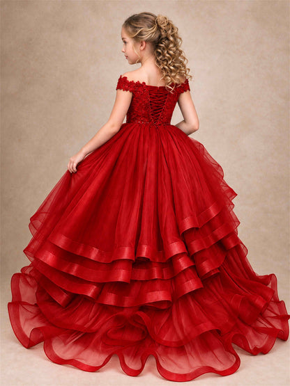 Off Shoulder Sequin Lace Ruffled Tulle Girls Pageant Dresses Formal Wedding Princess Gown