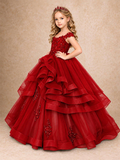 Off Shoulder Sequin Lace Ruffled Tulle Girls Pageant Dresses Formal Wedding Princess Gown