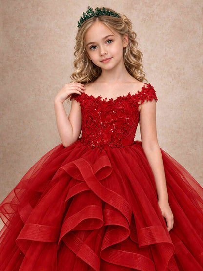 Off Shoulder Sequin Lace Ruffled Tulle Girls Pageant Dresses Formal Wedding Princess Gown