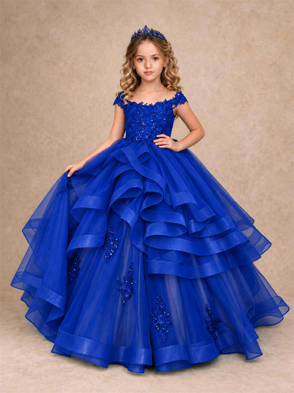 Off Shoulder Sequin Lace Ruffled Tulle Girls Pageant Dresses Formal Wedding Princess Gown