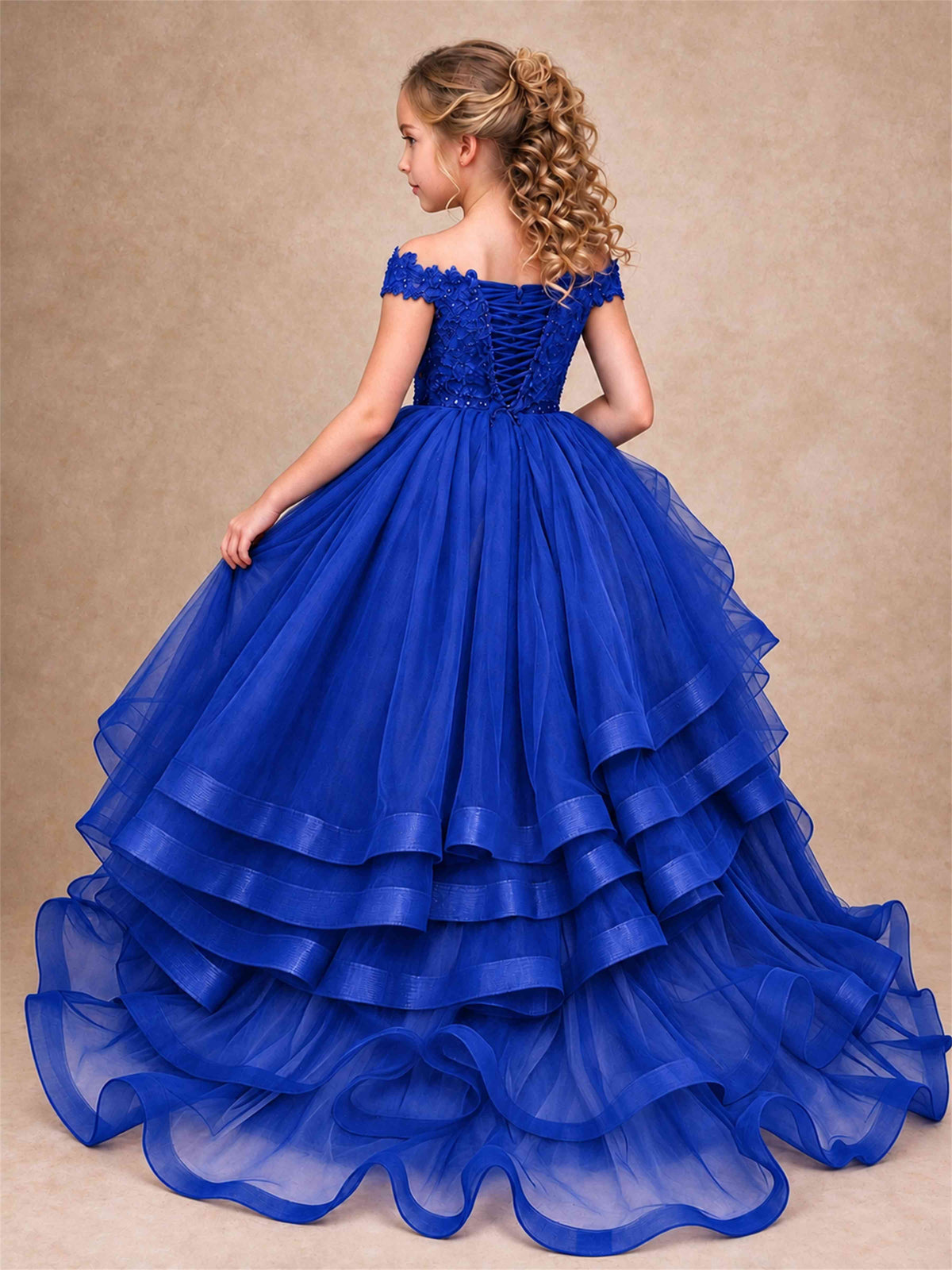 Off Shoulder Sequin Lace Ruffled Tulle Girls Pageant Dresses Formal Wedding Princess Gown