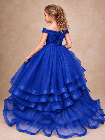 Off Shoulder Sequin Lace Ruffled Tulle Girls Pageant Dresses Formal Wedding Princess Gown