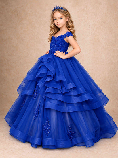 Off Shoulder Sequin Lace Ruffled Tulle Girls Pageant Dresses Formal Wedding Princess Gown