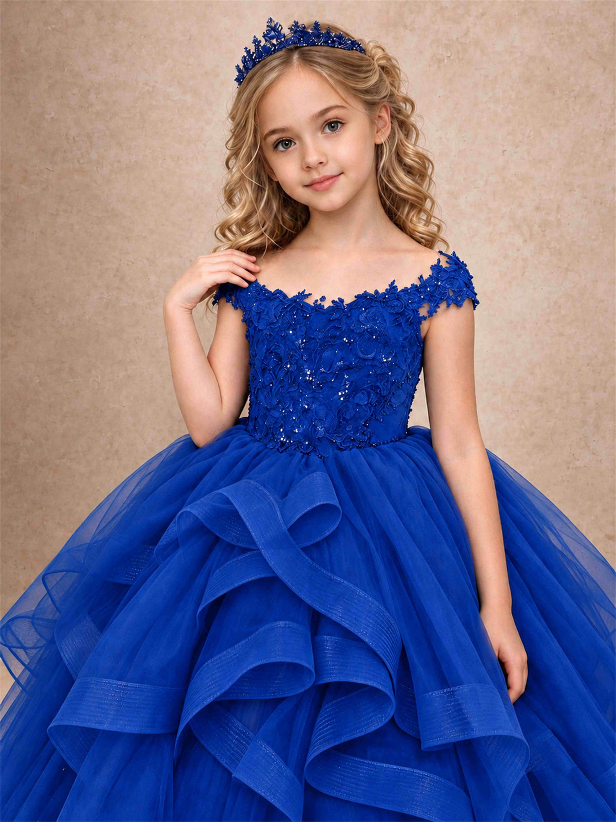 Off Shoulder Sequin Lace Ruffled Tulle Girls Pageant Dresses Formal Wedding Princess Gown