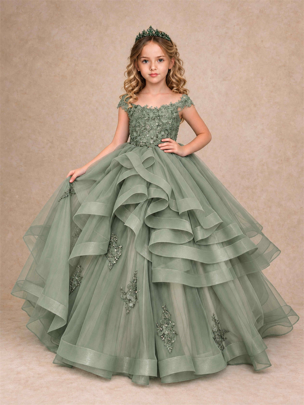 Off Shoulder Sequin Lace Ruffled Tulle Girls Pageant Dresses Formal Wedding Princess Gown