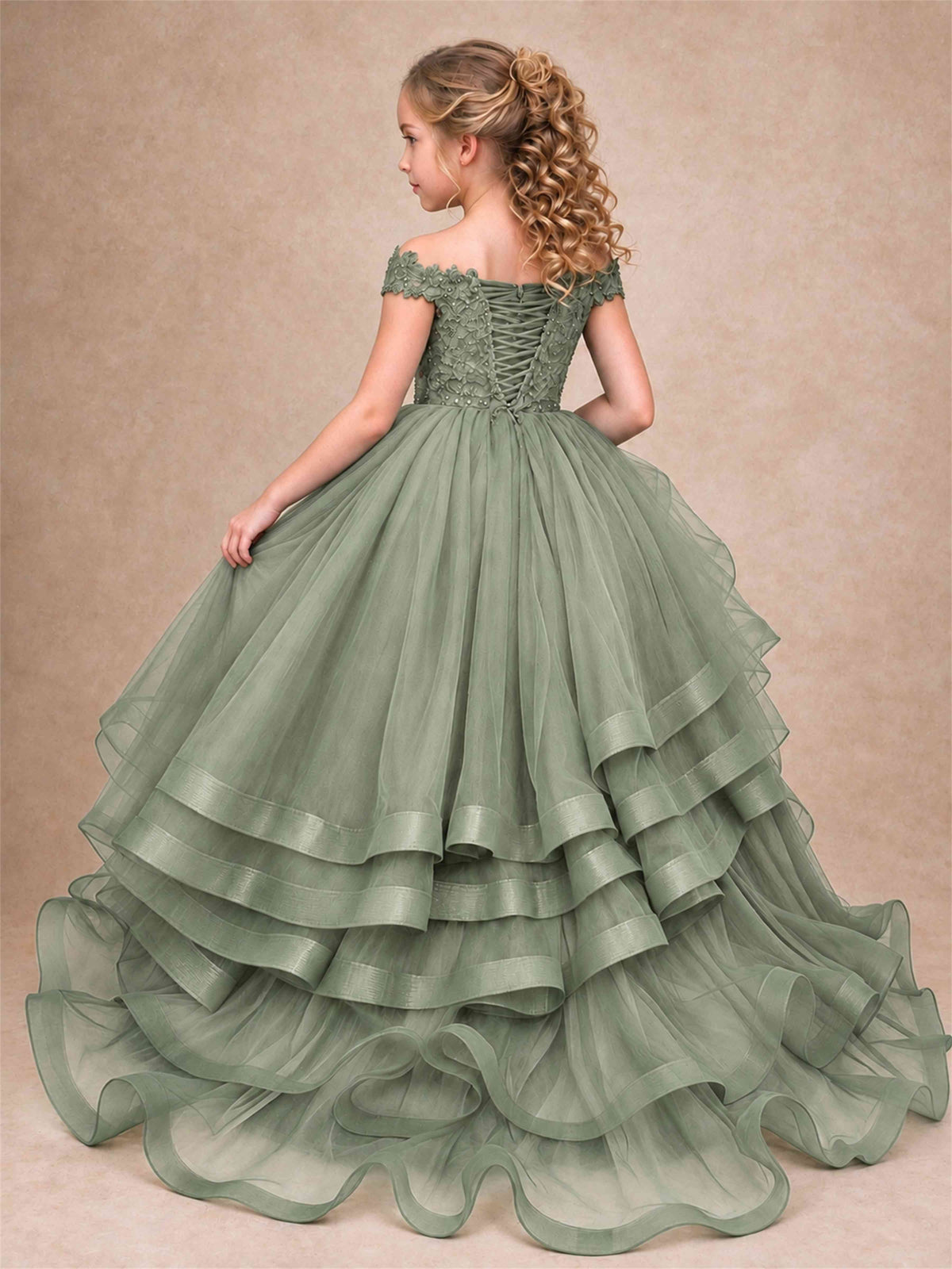 Off Shoulder Sequin Lace Ruffled Tulle Girls Pageant Dresses Formal Wedding Princess Gown