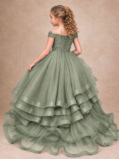 Off Shoulder Sequin Lace Ruffled Tulle Girls Pageant Dresses Formal Wedding Princess Gown
